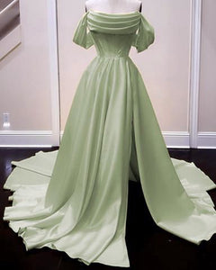 Off-the-shoulder Green Satin Prom Dress 2025 with Slit