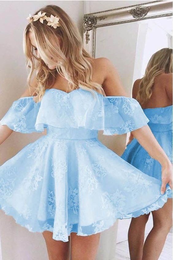 Trendy Homecoming Dress 2024 Blue Lace Off-the-Shoulder 16W / Blue Trendy Homecoming Dress 2024 Blue Lace Off-the-Shoulder 16W / Blue