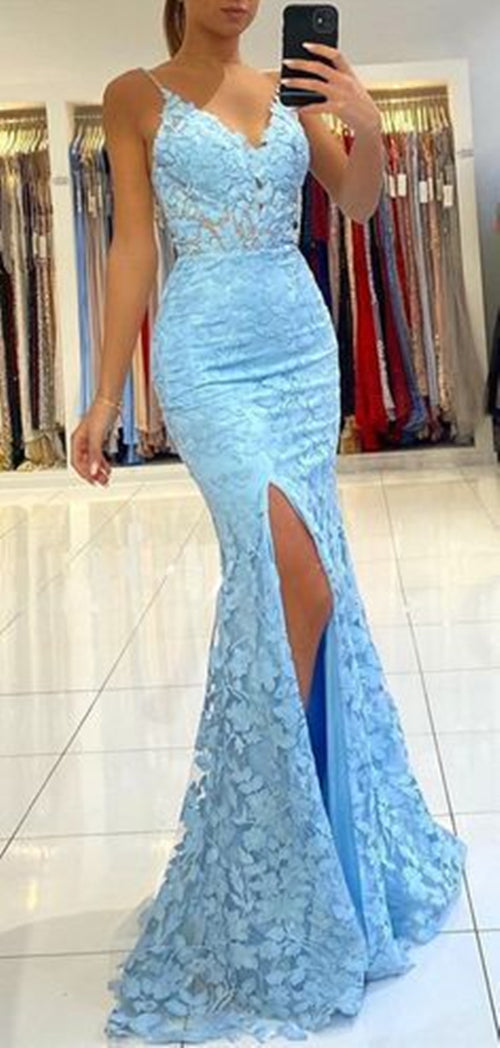 Blue Prom Dress 2024 Spaghetti Straps Lace Appliques Slit