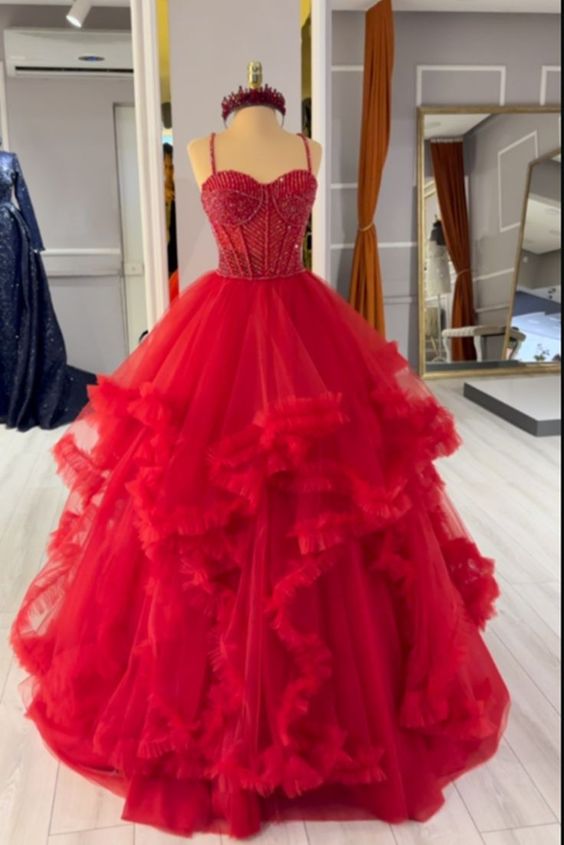 Red Prom Dress 2024 Spaghetti Straps Ball Gown AnnaCustomDress