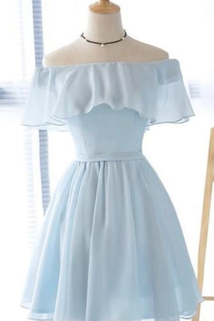Trendy Homecoming Dress 2024 Blue Chiffon Off-the-Shoulder 4 / Custom Color Trendy Homecoming Dress 2024 Blue Chiffon Off-the-Shoulder 4 / Custom Color