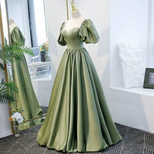 Load image into Gallery viewer, Green Satin Prom Dress 2025 with Short Bubble Sleeves