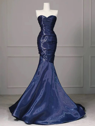 Navy Shiny Satin Prom Dress 2025 Mermaid