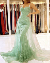 Load image into Gallery viewer, Sage Green Prom Dress 2024 Spaghetti Straps Tulle Lace Appliques