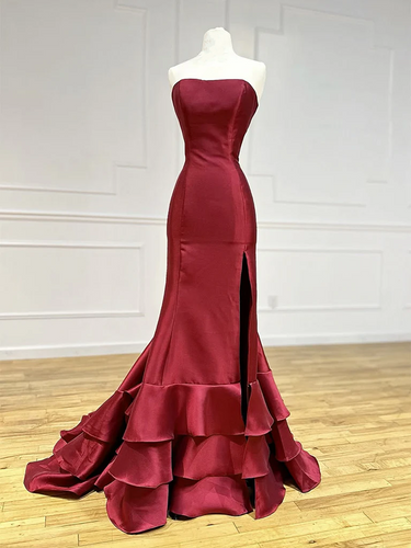 Mermaid Burgundy Satin Prom Dress 2025 with Slit