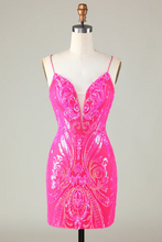 Load image into Gallery viewer, Unique Homecoming Dress 2024 Fuchsia Pattern Sequin