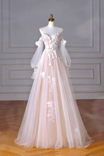 Load image into Gallery viewer, Floral Appliques Nude Pink Tulle Prom Dress 2025 with Long Sleeves