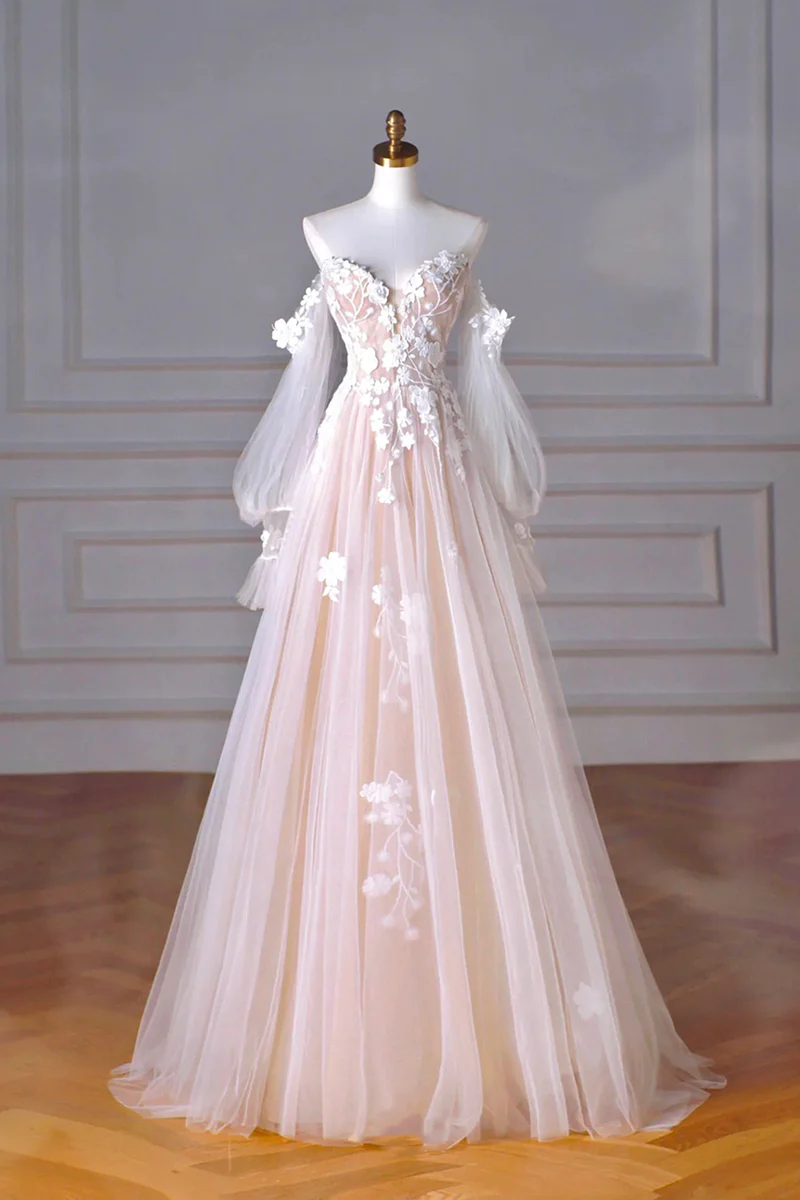 Floral Appliques Nude Pink Tulle Prom Dress 2025 with Long Sleeves 16 / Black