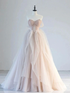 Off-the-shoulder Nude Pink Tulle Prom Dress 2025 Puffy Skirt