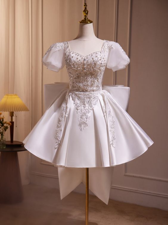 3/4 sleeve dresses White Homecoming Dress 2024 Short Sleeves with Big Bow 2 / Blue