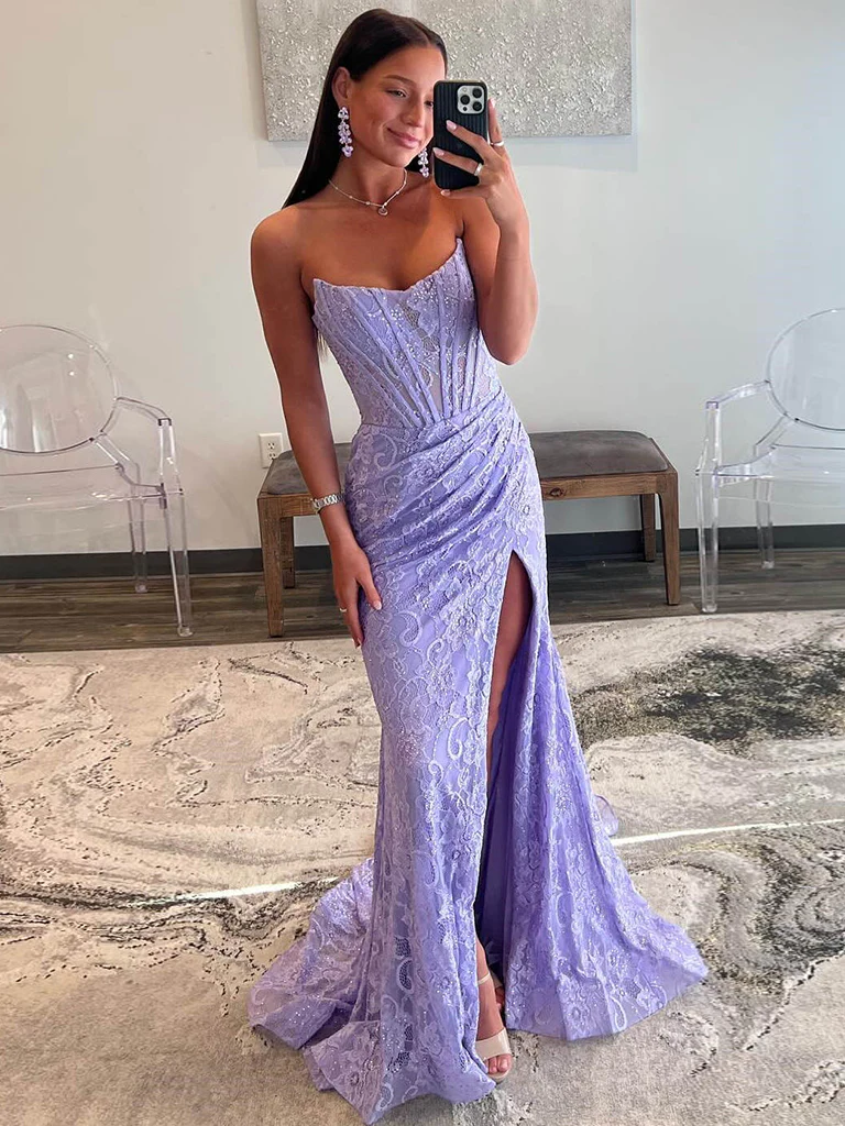 Strapless Lilac Prom Dress 2025 with Slit 26W / Custom Color Strapless Lilac Prom Dress 2025 with Slit 26W / Custom Color