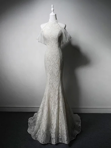 Mermaid Grey Lace Prom Dress 2025 with Large Tulle Bow