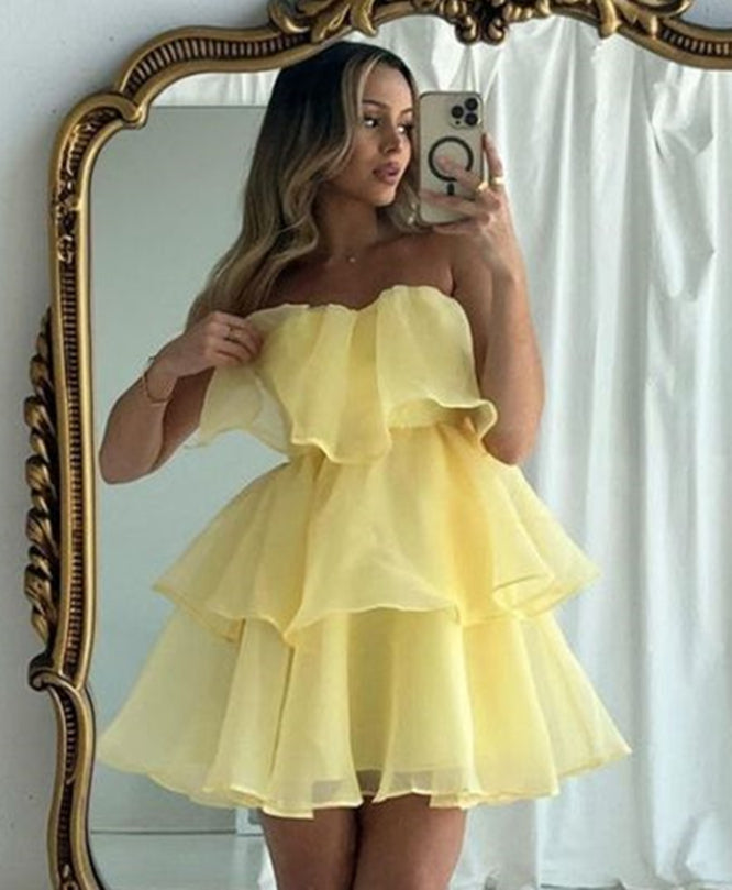 Yellow Homecoming Dress 2024 Tiered Skirt