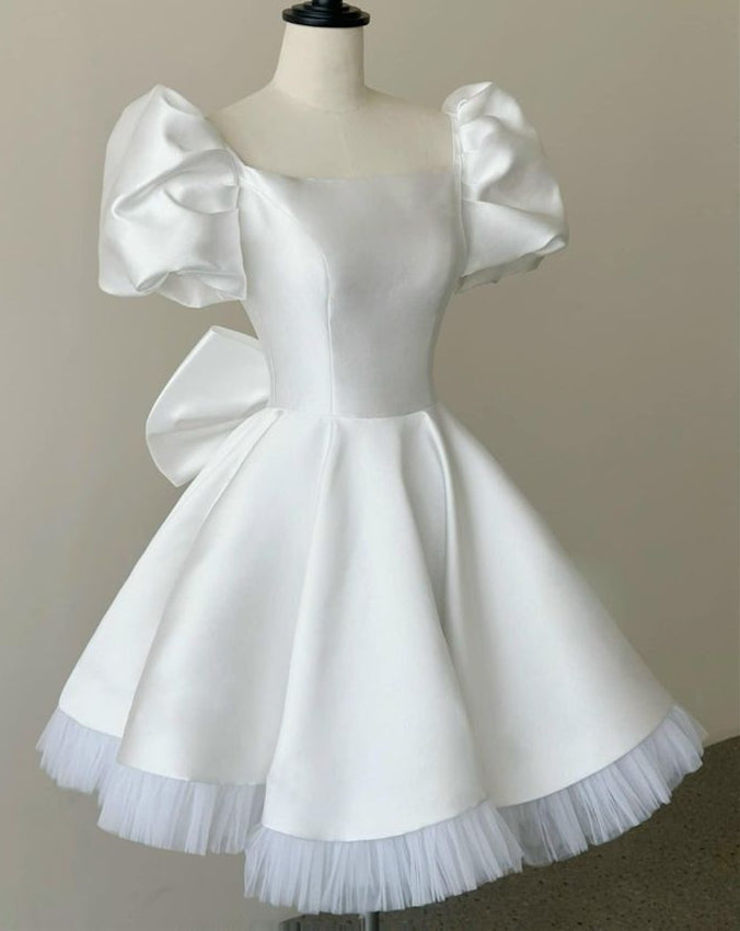 White Satin Homecoming Dress 2024 Puffy Short Sleeves  AnnaCustomDress