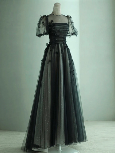 Modest Black Tulle Prom Dress 2025 with Short Sleeves