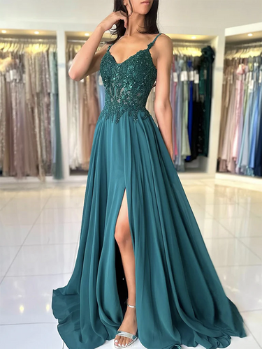Spaghetti Straps Chiffon Prom Dress 2025 with Slit