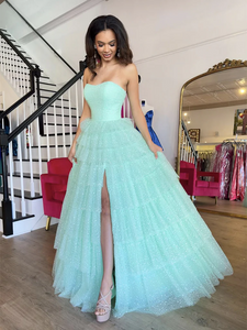 Strapless Dotted Tulle Prom Dress 2025 Tiered Skirt