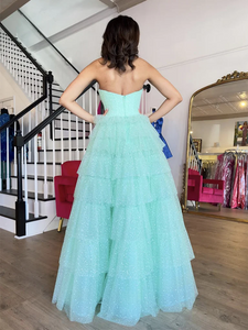 Strapless Dotted Tulle Prom Dress 2025 Tiered Skirt