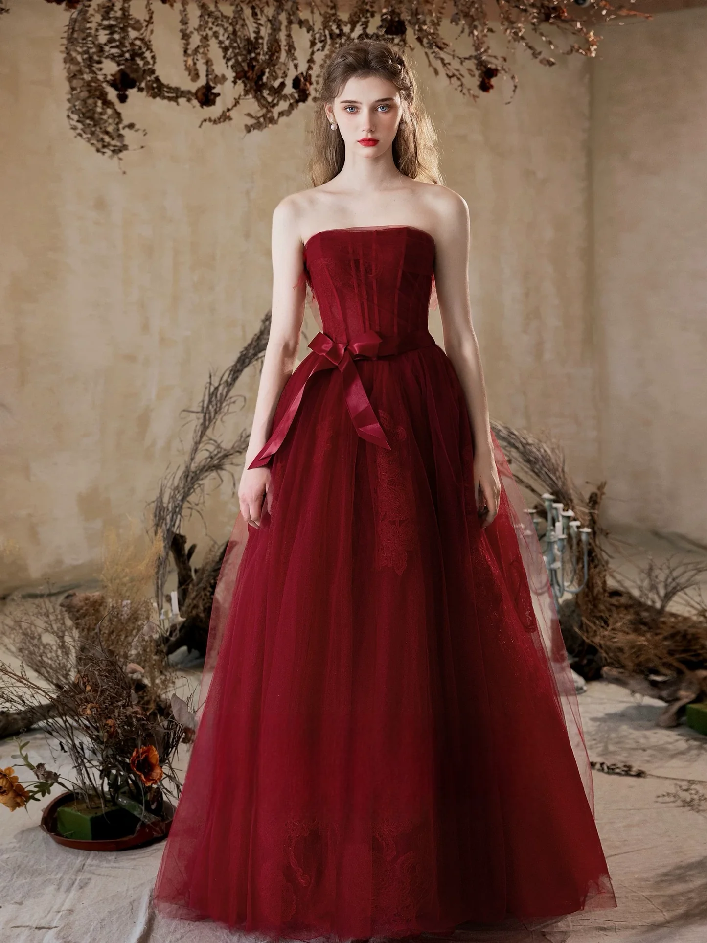open lace back dress Strapless Burgundy Tulle Prom Dress 2025 Corset Back 12 / Custom Color