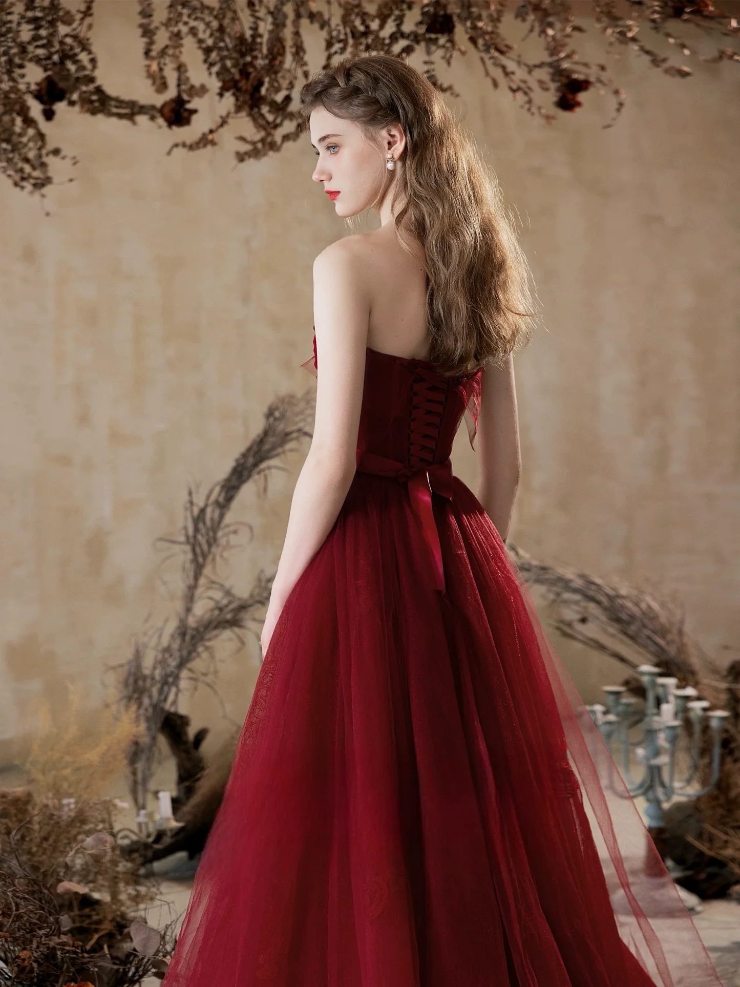 Strapless Burgundy Tulle Prom Dress 2025 Corset Back 12 / Custom Color Strapless Burgundy Tulle Prom Dress 2025 Corset Back 12 / Custom Color