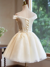 Load image into Gallery viewer, Cream Satin Lace Homecoming Dress 2024 Corset Back