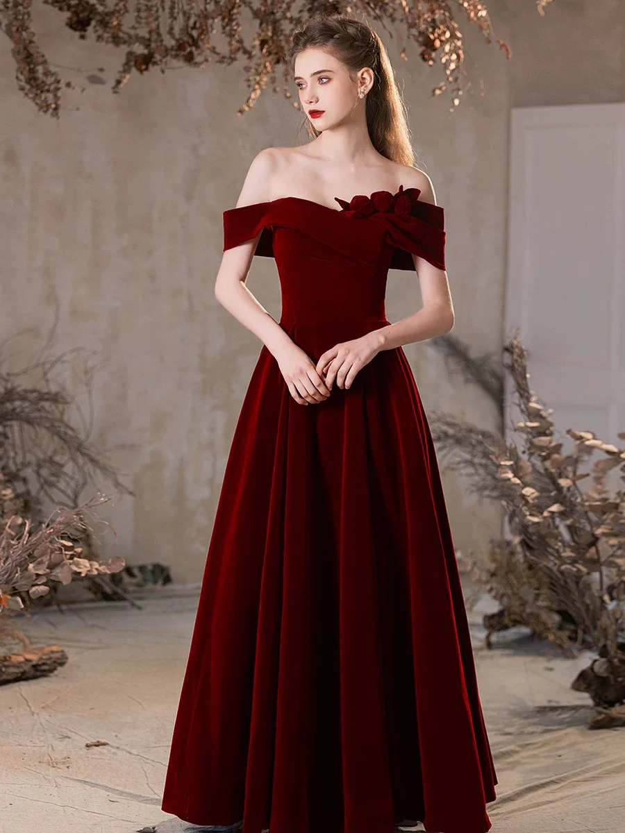 Off-The-Shoulder Burgundy Velvet Prom Dress 2025 Corset Back 16 / Blue
