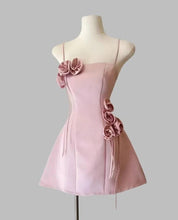 Load image into Gallery viewer, Spaghetti Straps Pink Homecoming Dress 2024 with Hand-made Flowers