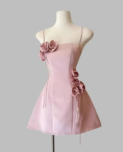 Spaghetti Straps Pink Homecoming Dress 2024 with Hand-made Flowers