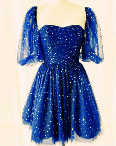 Royal Blue Sparkly Tulle Homecoming Dress 2024 with Short Sleeves