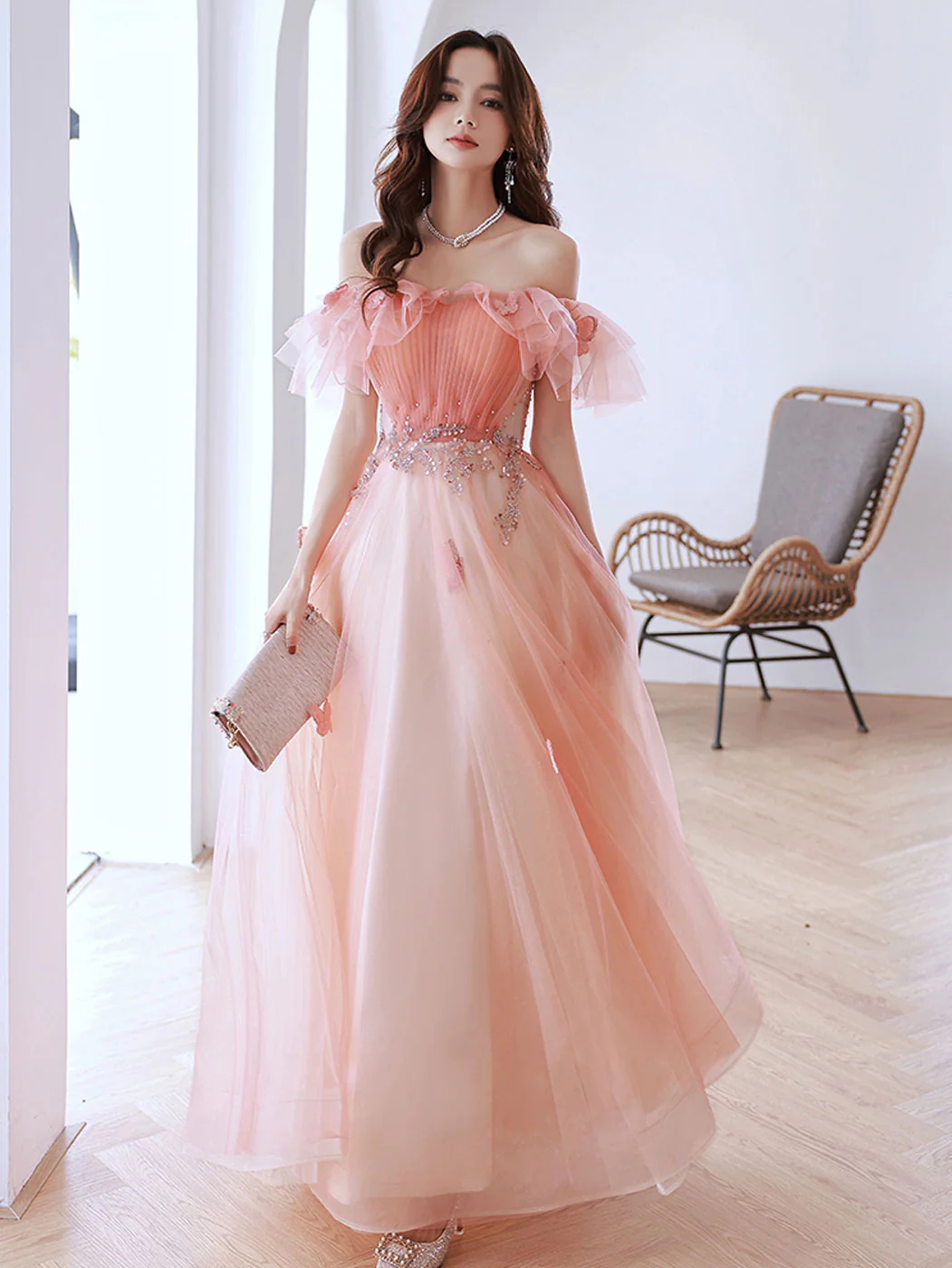 off the shoulder prom dresses 2025 Off-the-shoulder Ruffles Neckline Prom Dress 2025 Corset Back 22W / Blue