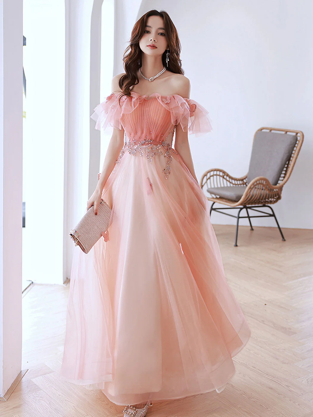 Off-the-shoulder Ruffles Neckline Prom Dress 2025 Corset Back