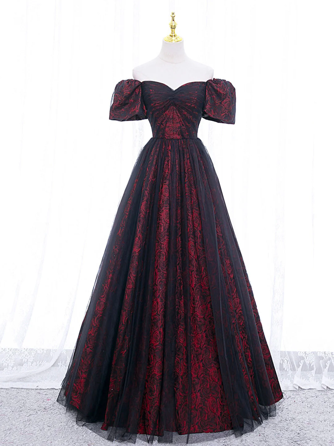 Black Red Jacquard Prom Dress 2025 Corset with Short Sleeves 8 / Custom Color Black Red Jacquard Prom Dress 2025 Corset with Short Sleeves 8 / Custom Color