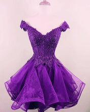 Load image into Gallery viewer, Purple Homecoming Dress 2023 Short Off the Shoulder Appliques Tulle Horsehair
