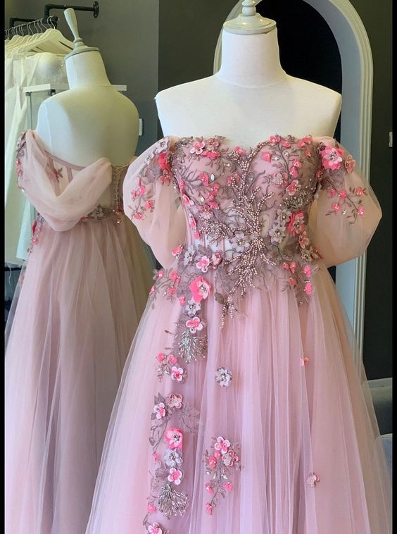 Pink Prom Dress 2024 Off the Shoulder Beaded Floral Tulle 8 / Custom Color Pink Prom Dress 2024 Off the Shoulder Beaded Floral Tulle 8 / Custom Color