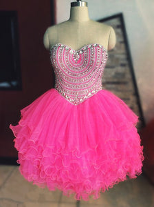 Pink Homecoming Dress 2023 Short Strapless Rhinestones Tulle
