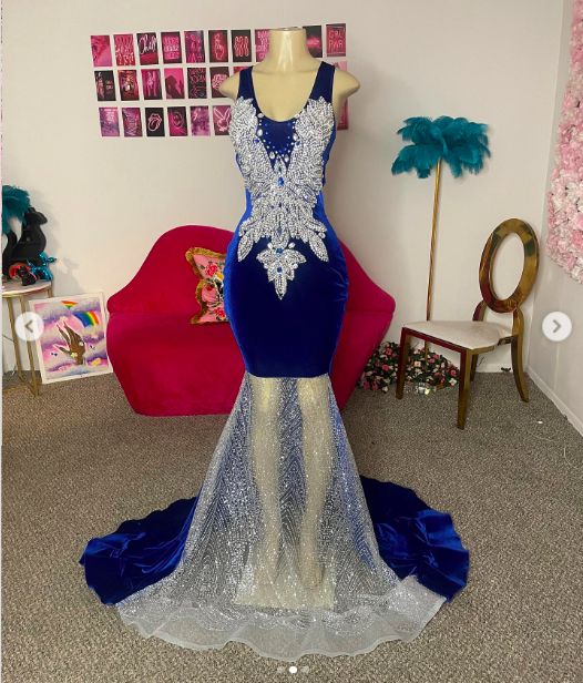 Royal Blue Prom Dress 2024 Sleeveless Velvet Beaded Mermaid