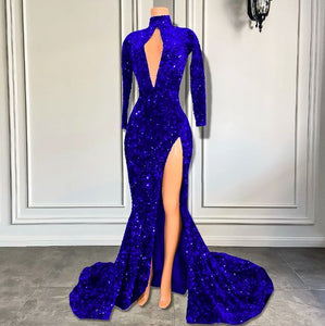 Royal Blue Prom Dress 2024 High Neck Sequin with Long Sleeves Slit