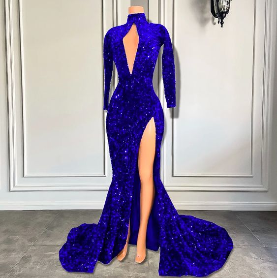 A Line 2024 Sequin Royal Blue Prom Dresses Long Sleeve Winter Formal D –  MyChicDress