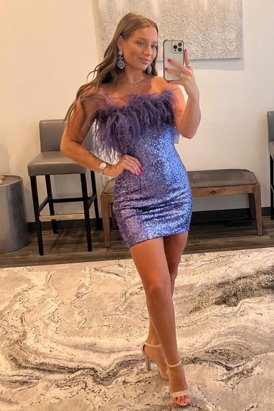 Purple Homecoming Dress 2023 Short Tight Strapless Sequin with Feathers