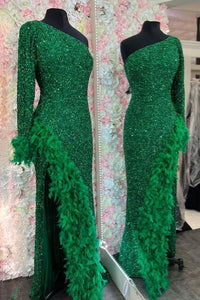 Green Prom Dress 2024 One-shoulder Sequin with Slit