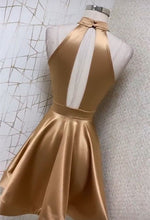 Load image into Gallery viewer, Unique Homecoming Dress 2023 Short Halter Neck Hollow Satin