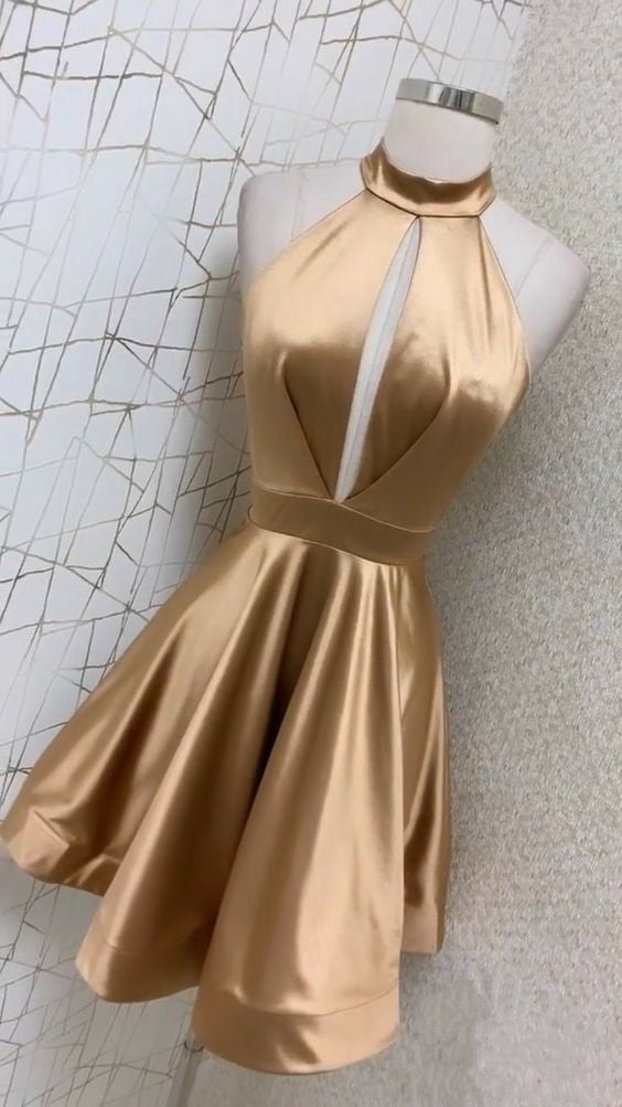 halter neck dress homecoming Unique Homecoming Dress 2023 Short Halter Neck Hollow Satin –  AnnaCustomDress
