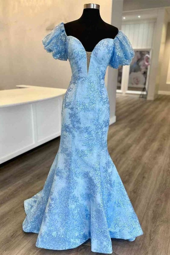 Blue Prom Dress 2024 V Neck Sequined with Sleeves – AnnaCustomDress