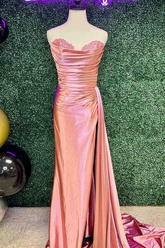 Pink Prom Dress 2024 Strapless Satin with Slit Ruched