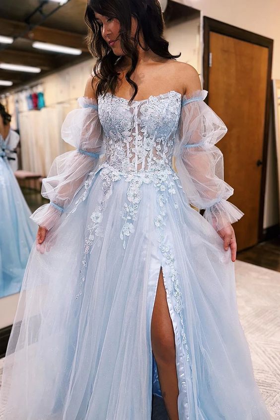 Light Blue Prom Dress 2024 Off the Shoulder Tulle with Long Sleeves 4 / Custom Color Light Blue Prom Dress 2024 Off the Shoulder Tulle with Long Sleeves 4 / Custom Color