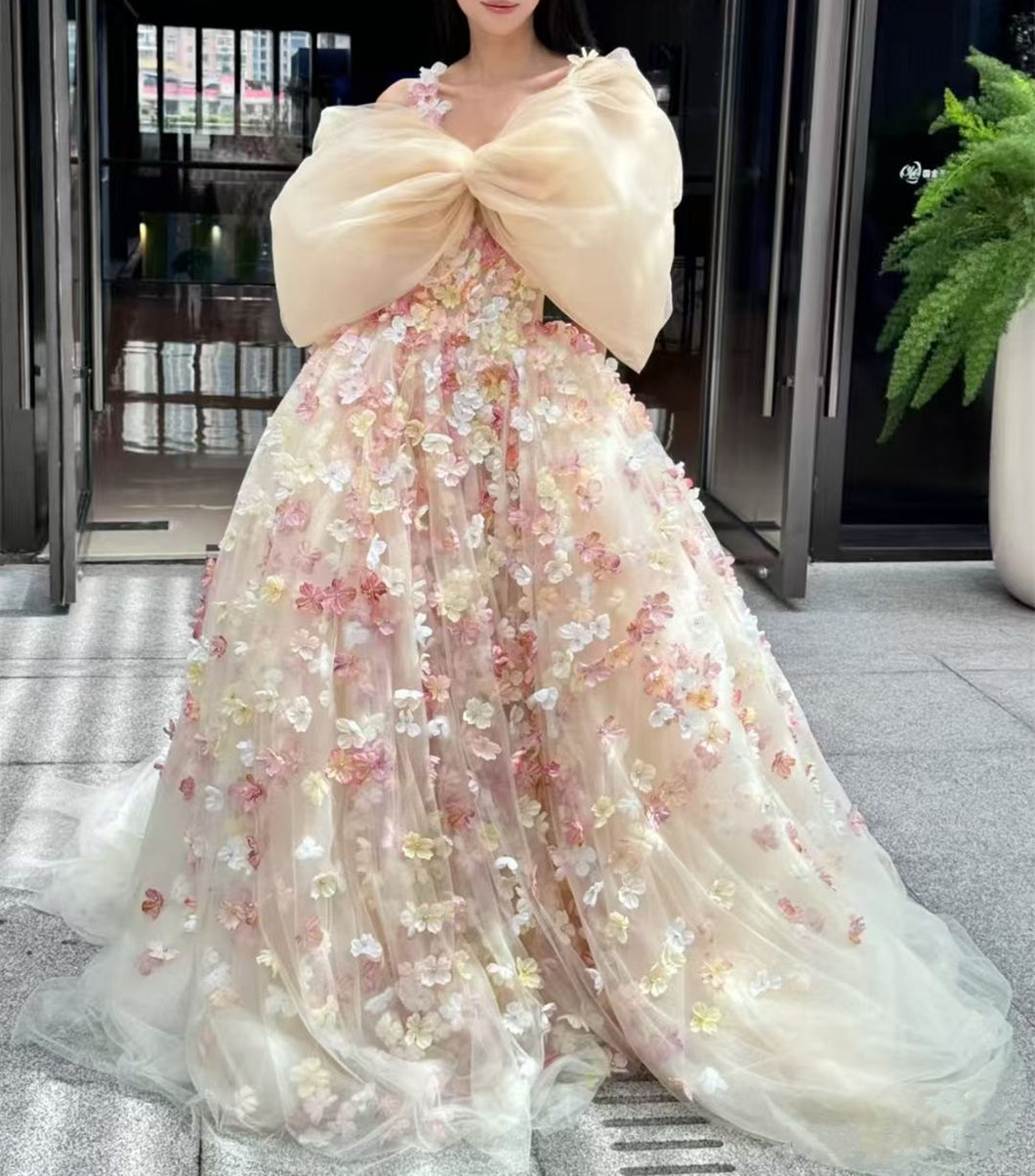 Cream Floral Prom Dress 2025 with Big Bow in Front – AnnaCustomDress