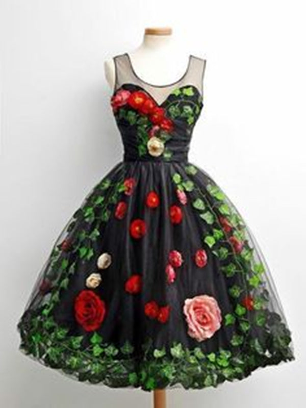 Black Floral Homecoming Dress 2023 Short Jewel Neck Sleeveless Tulle