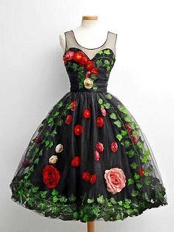 formal homecoming dresses near me Black Floral Homecoming Dress 2023 Short Jewel Neck Sleeveless Tulle –  AnnaCustomDress