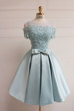 Load image into Gallery viewer, Light Blue Homecoming Dress 2023 Short Off the Shoulder Satin with Appliques
