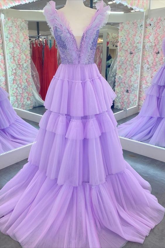 Lilac Prom Dress 2024 V Neck Sleeveless Tulle Tiered